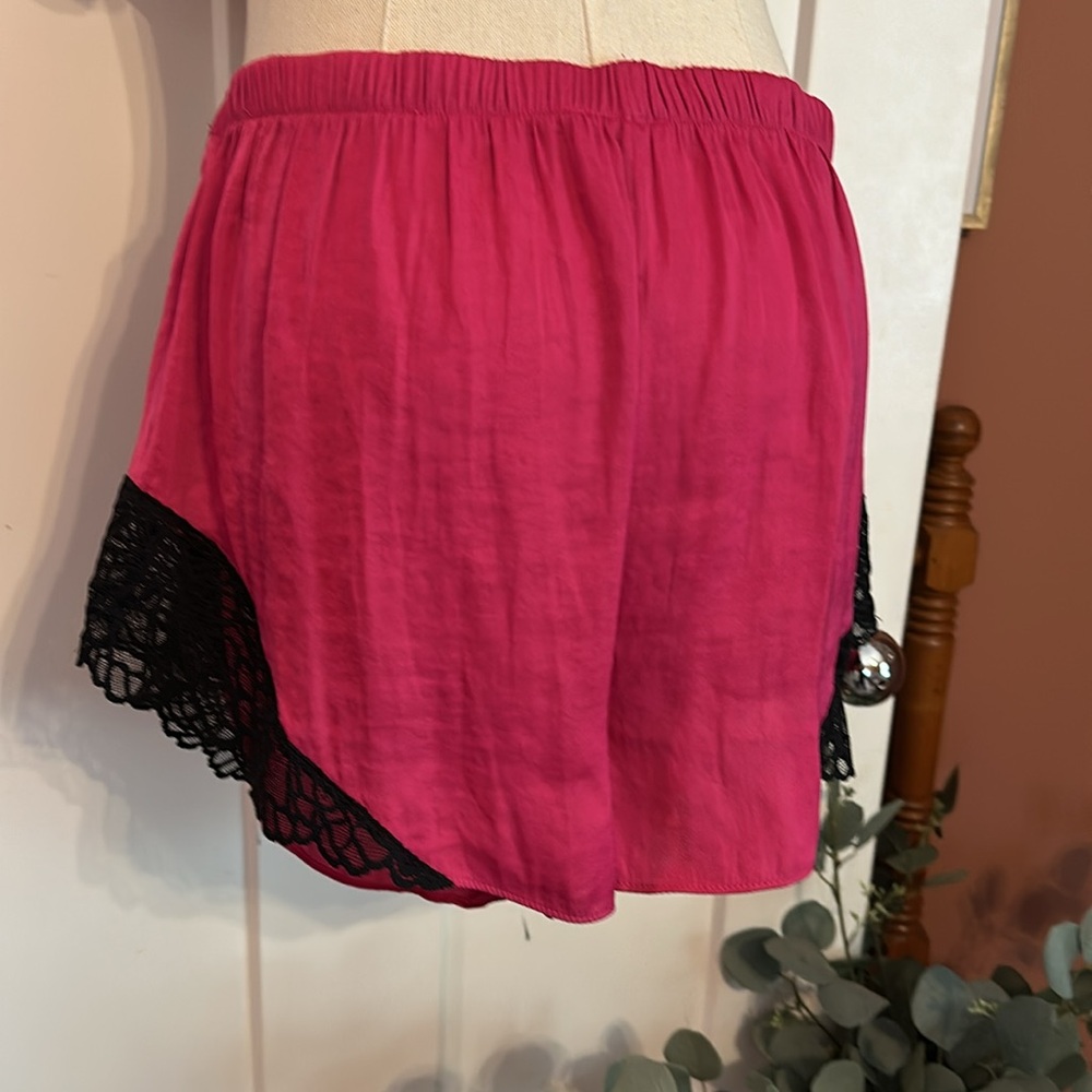 Josie NATORI 2-piece cami shorts hot pink & black lace L polyester pajamas - Picture 9 of 13